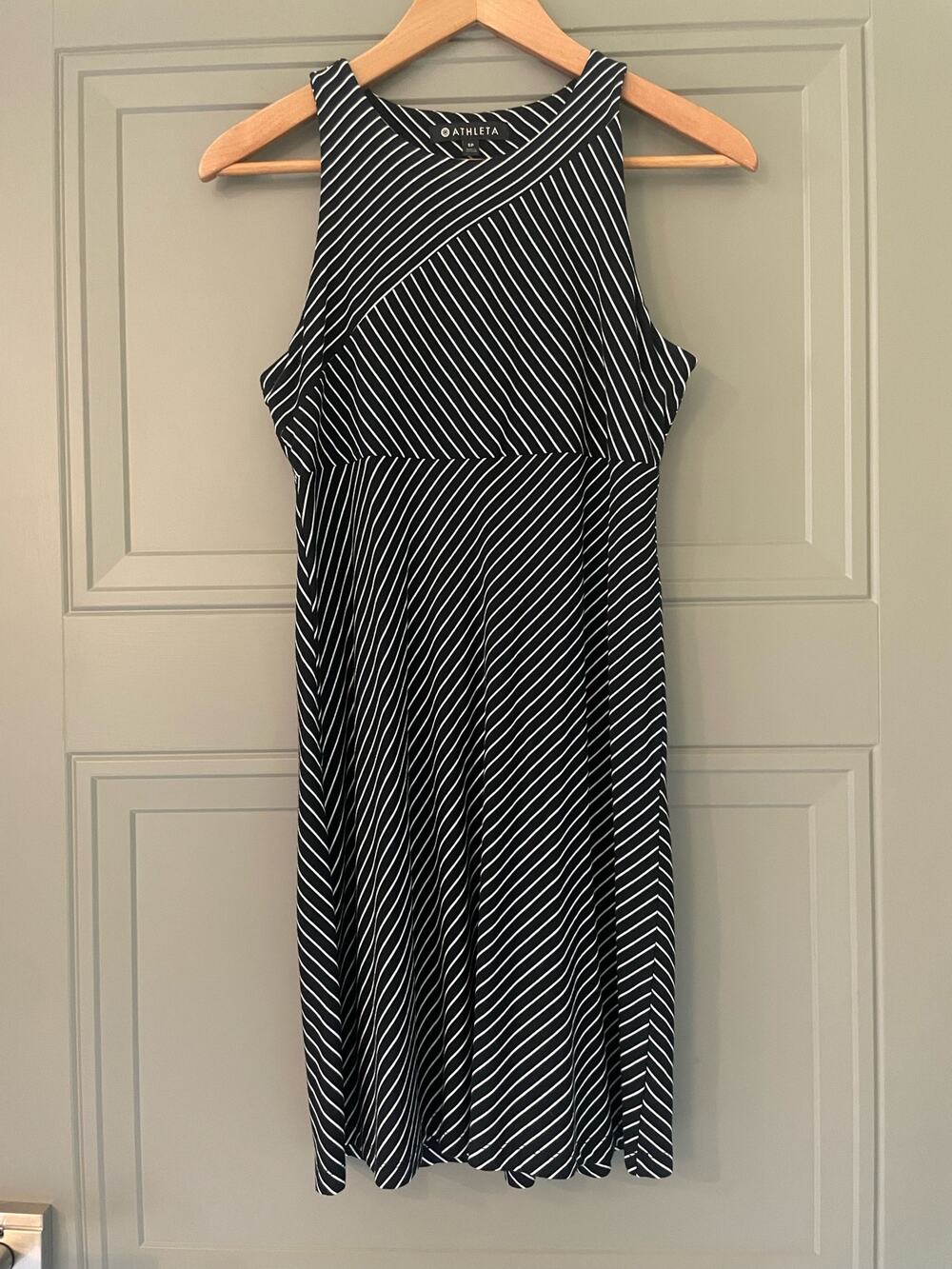 Athleta High Neck Santorini Black White Stripe Sleeveless Tank Dress S